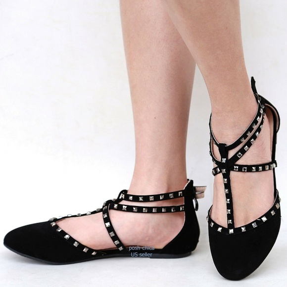 New Black Studded Strappy Ballet Flats 